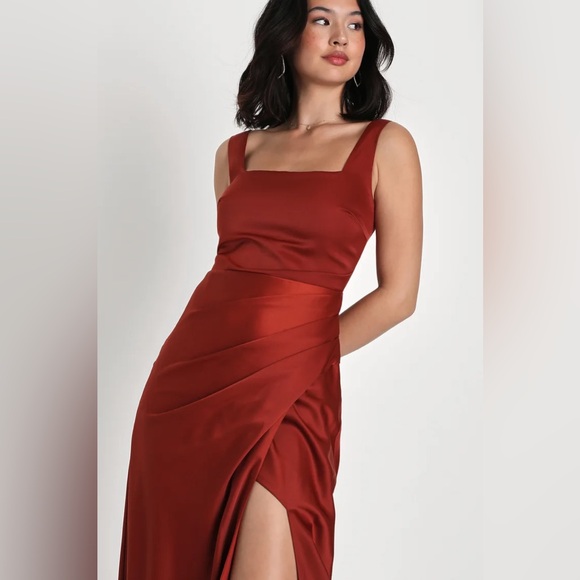 Red Carpet Romance Rust Orange Satin Square Neck Maxi Dress - Picture 4 of 5